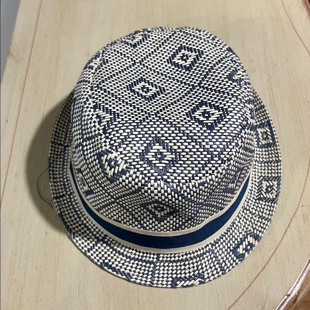 Woven Straw Fedora Hat with Navy Diamond Pattern